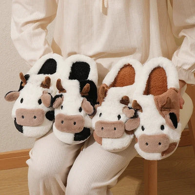 Amelie – Womens Slippers – Plush Cow Design – Black and White 1