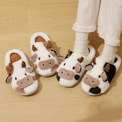 Amelie – Womens Slippers – Plush Cow Design – Black and White 2