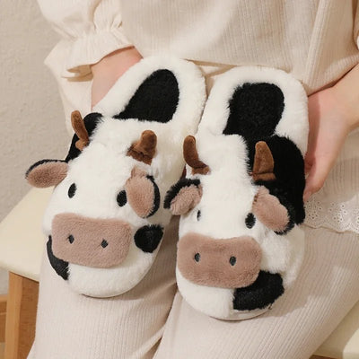 Amelie – Womens Slippers – Plush Cow Design – Black and White 3