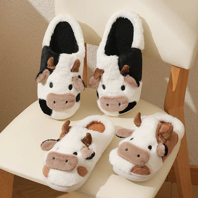 Amelie – Womens Slippers – Plush Cow Design – Black and White 4