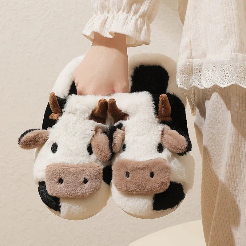 Amelie – Womens Slippers – Plush Cow Design – Black and White 5