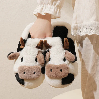 Amelie – Womens Slippers – Plush Cow Design – Black and White 5