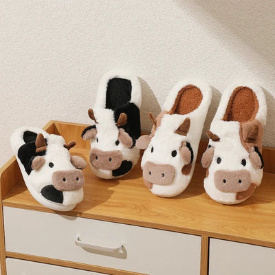 Amelie – Womens Slippers – Plush Cow Design – Black and White 6