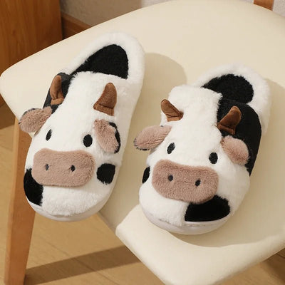 Amelie – Womens Slippers – Plush Cow Design – Black and White 7