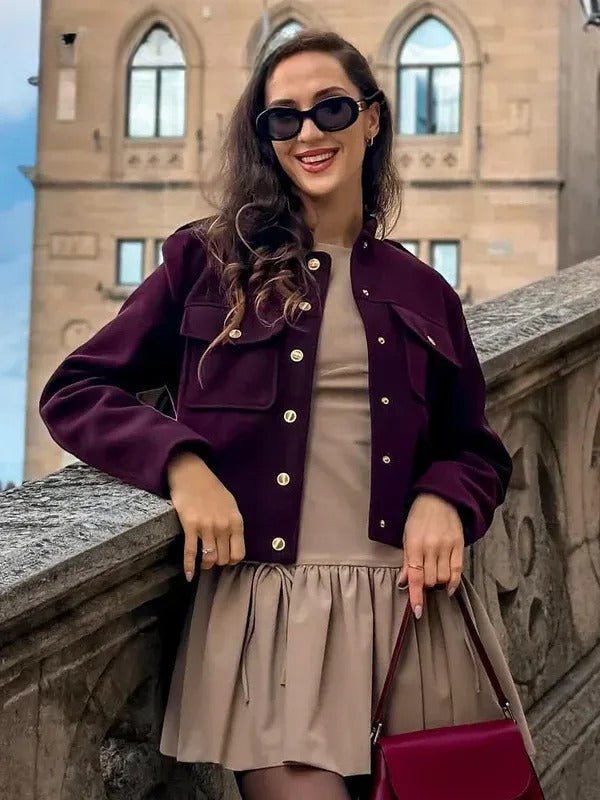 Christa – Military Style Short Jacket – Fixed Fabric – Deep Wine Red 1