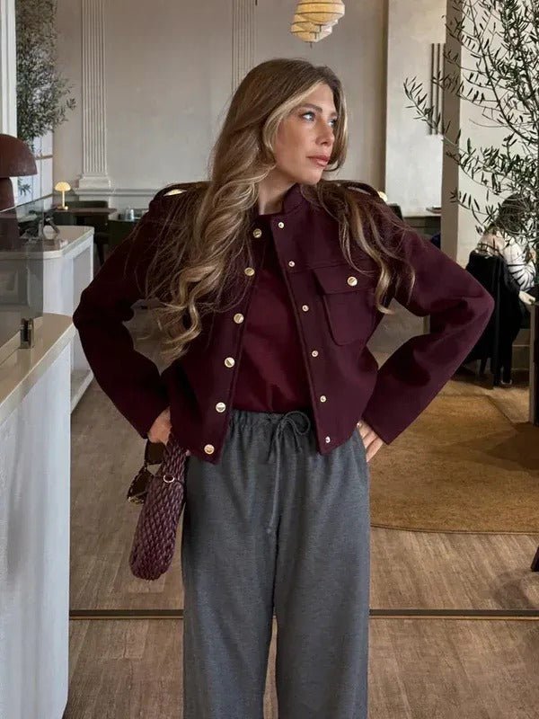 Christa – Military Style Short Jacket – Fixed Fabric – Deep Wine Red 2