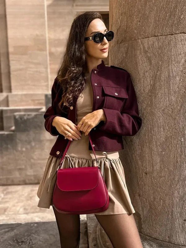 Christa – Military Style Short Jacket – Fixed Fabric – Deep Wine Red 3