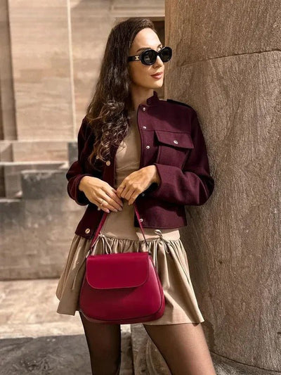 Christa – Military Style Short Jacket – Fixed Fabric – Deep Wine Red 3