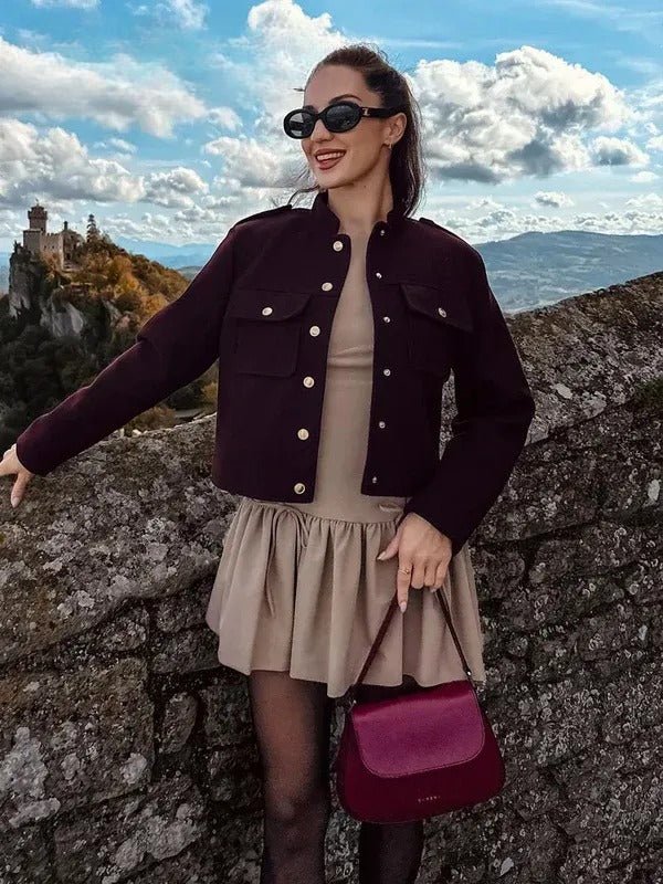 Christa – Military Style Short Jacket – Fixed Fabric – Deep Wine Red 4