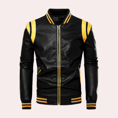 Dorian – Black Bomber Jacket – Synthetic Leather – Sporty Stripes 0