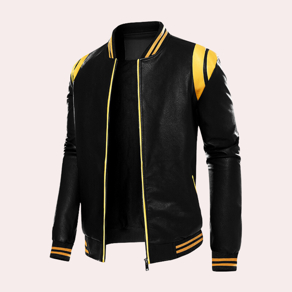Dorian – Black Bomber Jacket – Synthetic Leather – Sporty Stripes 1