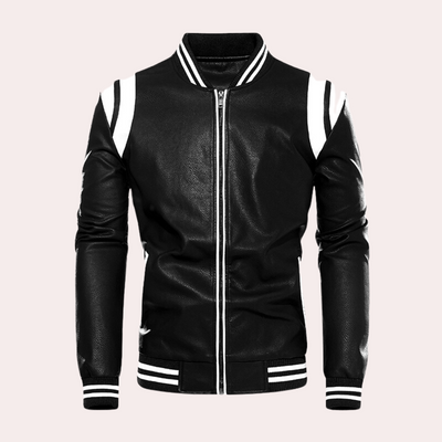 Dorian – Black Bomber Jacket – Synthetic Leather – Sporty Stripes 2