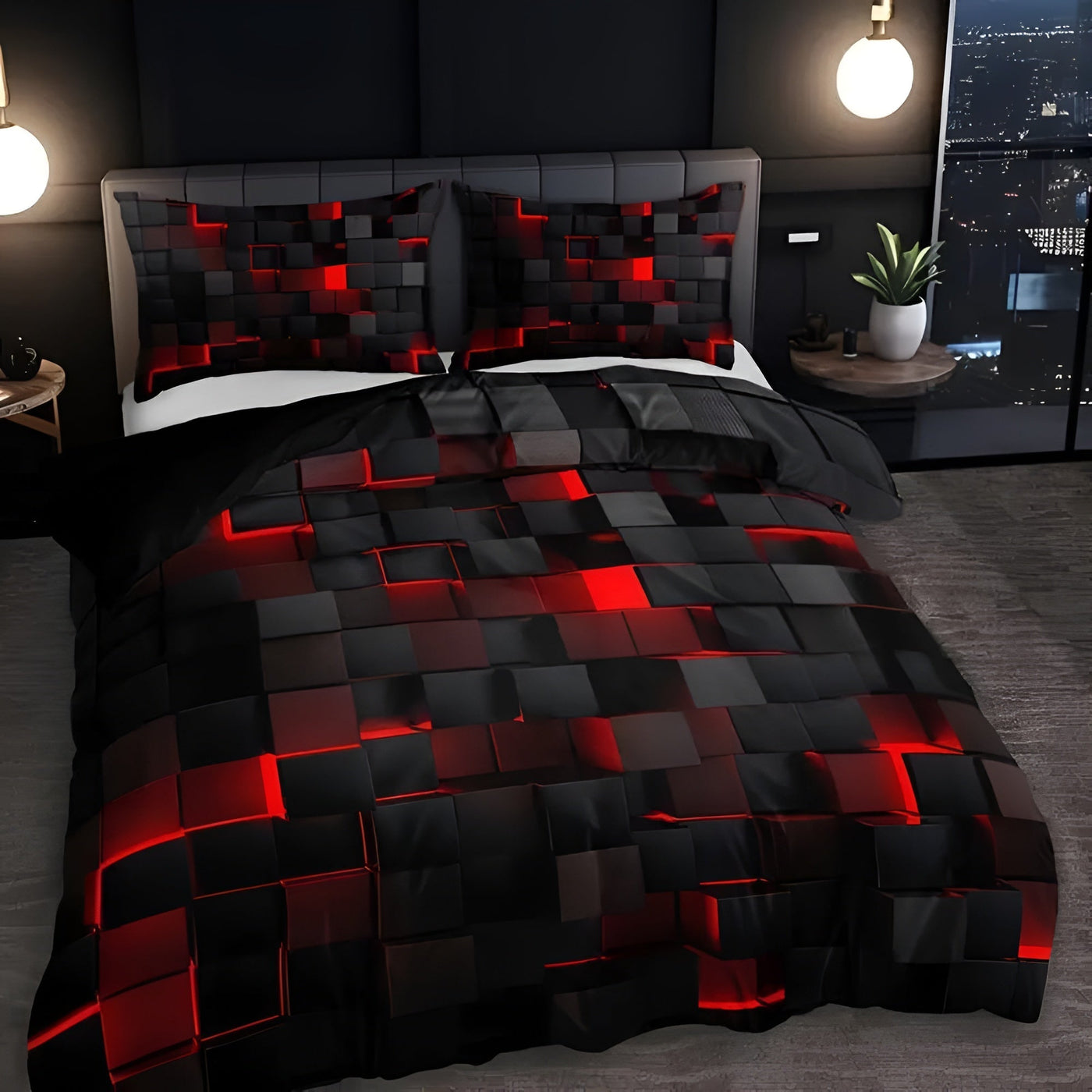 Duvet Cover Set – Neon 3D Grid Print – Microfiber Cotton Blend – Multi-Color – Queen Size – GEOMATRIX 0