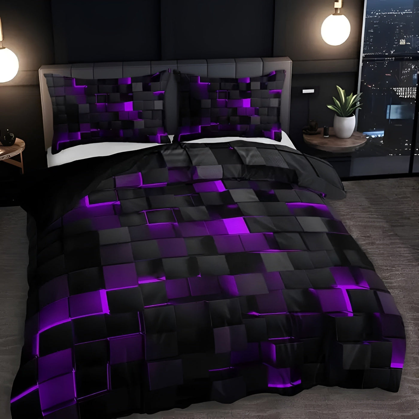 Duvet Cover Set – Neon 3D Grid Print – Microfiber Cotton Blend – Multi-Color – Queen Size – GEOMATRIX 1