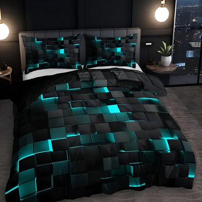 Duvet Cover Set – Neon 3D Grid Print – Microfiber Cotton Blend – Multi-Color – Queen Size – GEOMATRIX 2