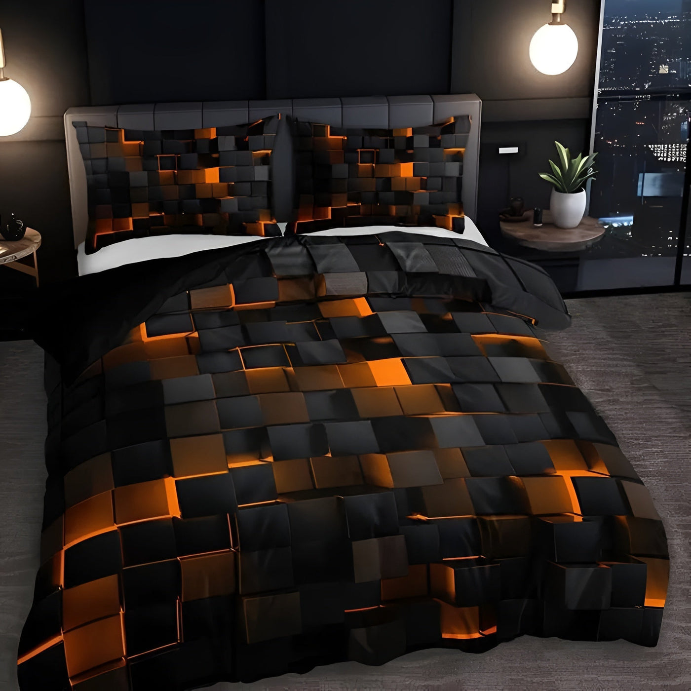 Duvet Cover Set – Neon 3D Grid Print – Microfiber Cotton Blend – Multi-Color – Queen Size – GEOMATRIX 3