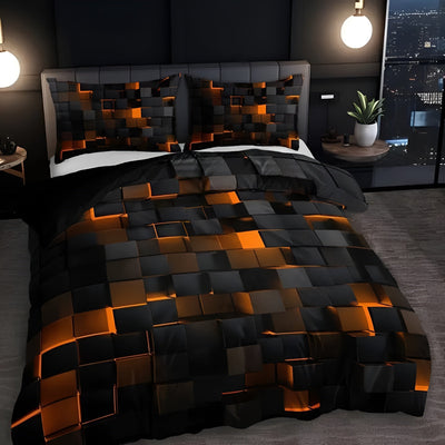 Duvet Cover Set – Neon 3D Grid Print – Microfiber Cotton Blend – Multi-Color – Queen Size – GEOMATRIX 3
