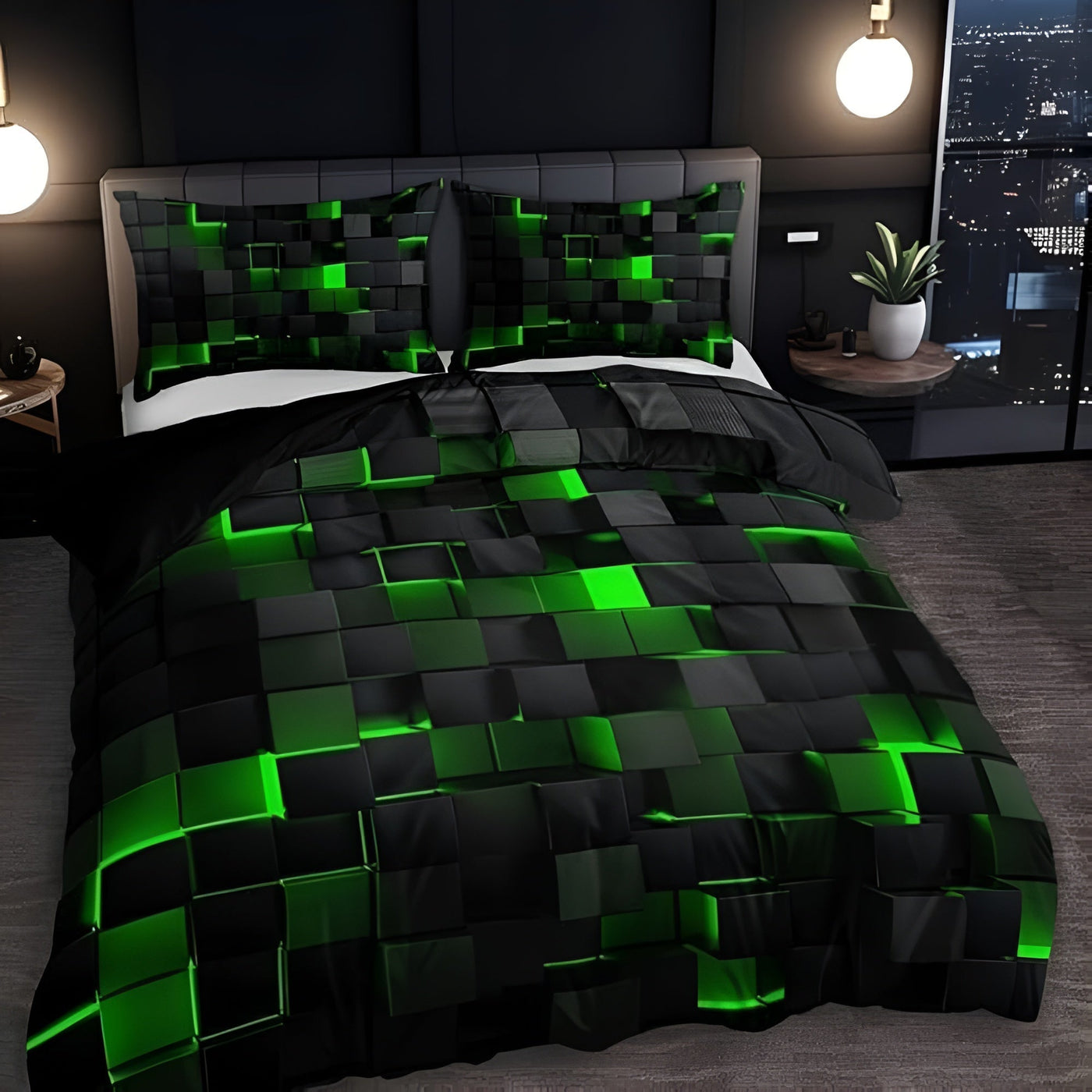 Duvet Cover Set – Neon 3D Grid Print – Microfiber Cotton Blend – Multi-Color – Queen Size – GEOMATRIX 5