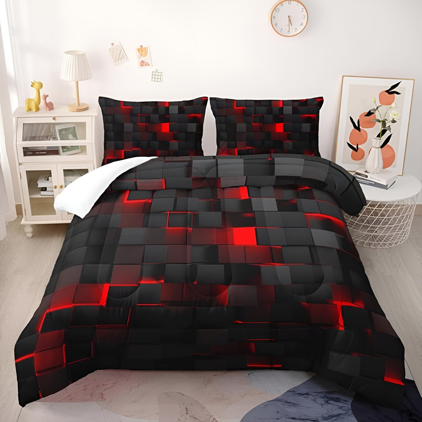 Duvet Cover Set – Neon 3D Grid Print – Microfiber Cotton Blend – Multi-Color – Queen Size – GEOMATRIX 7