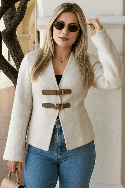 Emma – V-Neck Womens Blazer – Structured Fabric – Cream 2