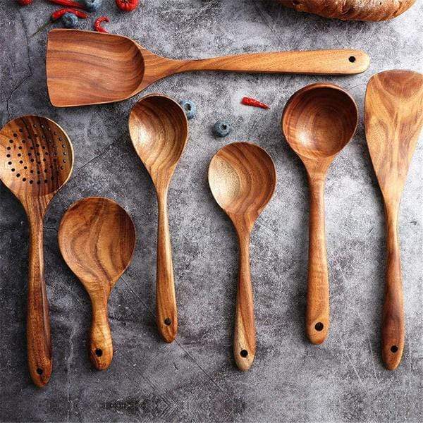 Handmade Wooden Cooking Utensils Set – Eco-Friendly Teak – Natural Finish – 7 Pieces – Kitchen Essentials 0