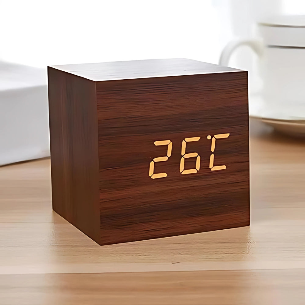 LED Alarm Clock – Snooze Function – Faux Wood Finish – Black – 2x2x2 0