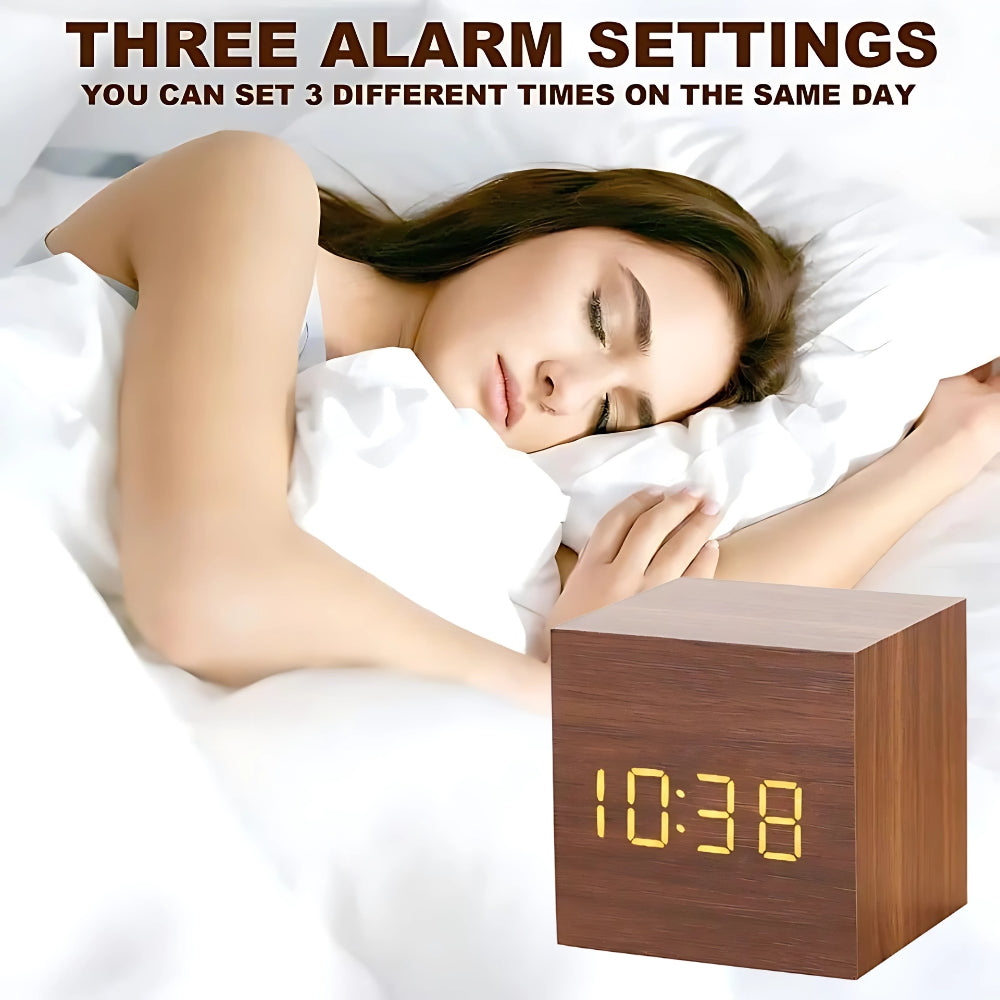 LED Alarm Clock – Snooze Function – Faux Wood Finish – Black – 2x2x2 4