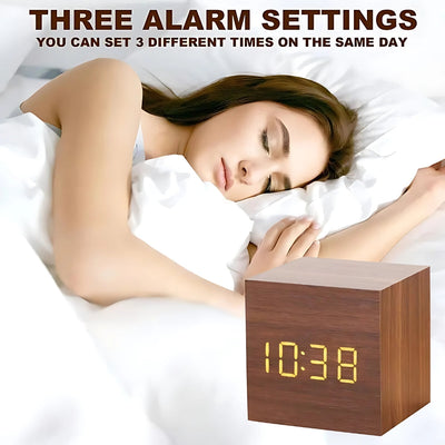 LED Alarm Clock – Snooze Function – Faux Wood Finish – Black – 2x2x2 4