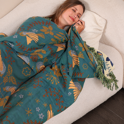 Reversible Throw Blanket – 4-Layer Yarn Construction – 100% Cotton – Teal/Navy – 130 x 150 cm – Nordic Collection 4