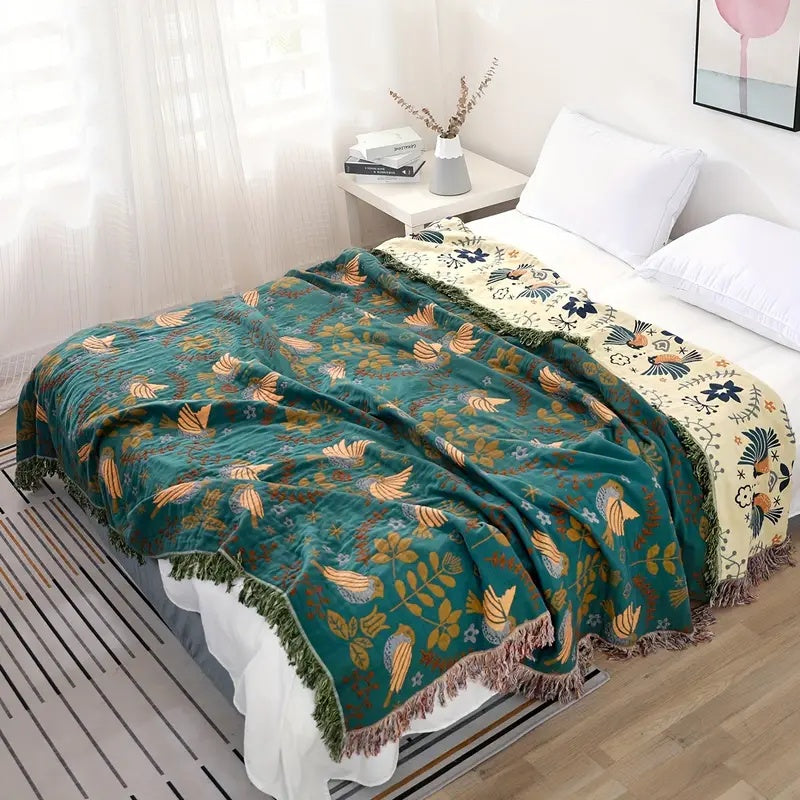 Reversible Throw Blanket – 4-Layer Yarn Construction – 100% Cotton – Teal/Navy – 130 x 150 cm – Nordic Collection 5