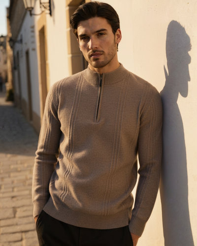 Ribbed Cashmere Sweater – Neutral Shades – Half Zip 1