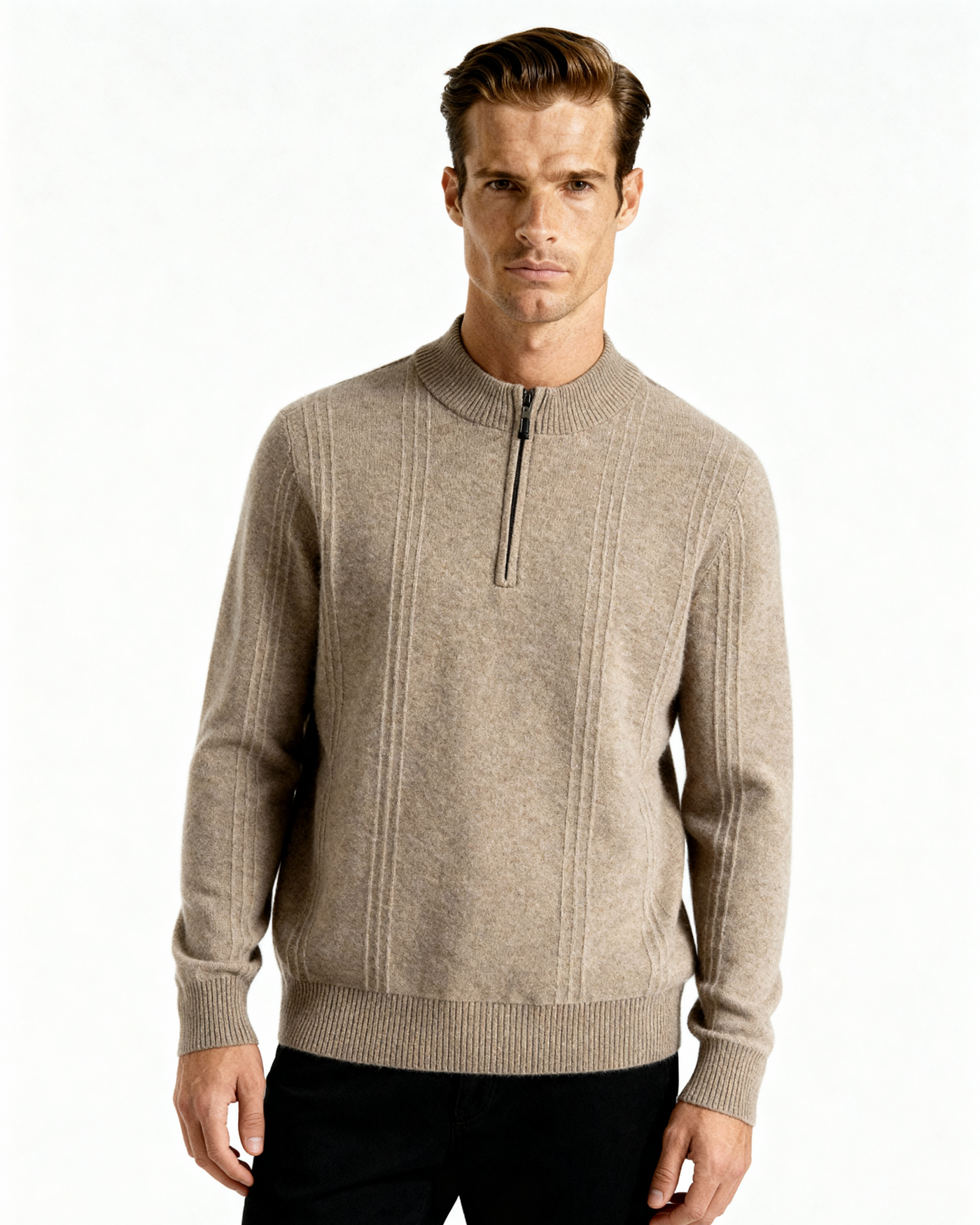 Ribbed Cashmere Sweater – Neutral Shades – Half Zip 2