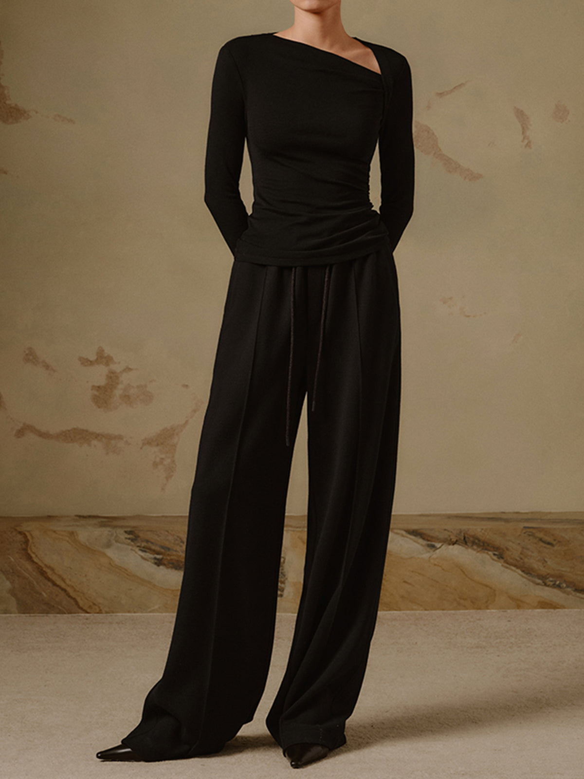 Ribbed Knit Asymmetrical Long Sleeve Shirt – Slim Fit – Black 2