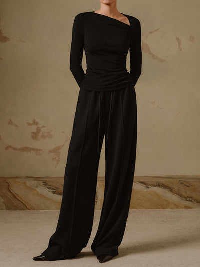 Ribbed Knit Asymmetrical Long Sleeve Shirt – Slim Fit – Black 2