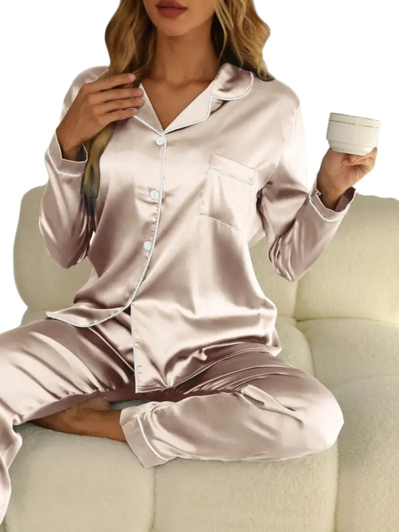 Satin Pajama Set – Women's Loungewear – Soft Fabric – Light Gray 0