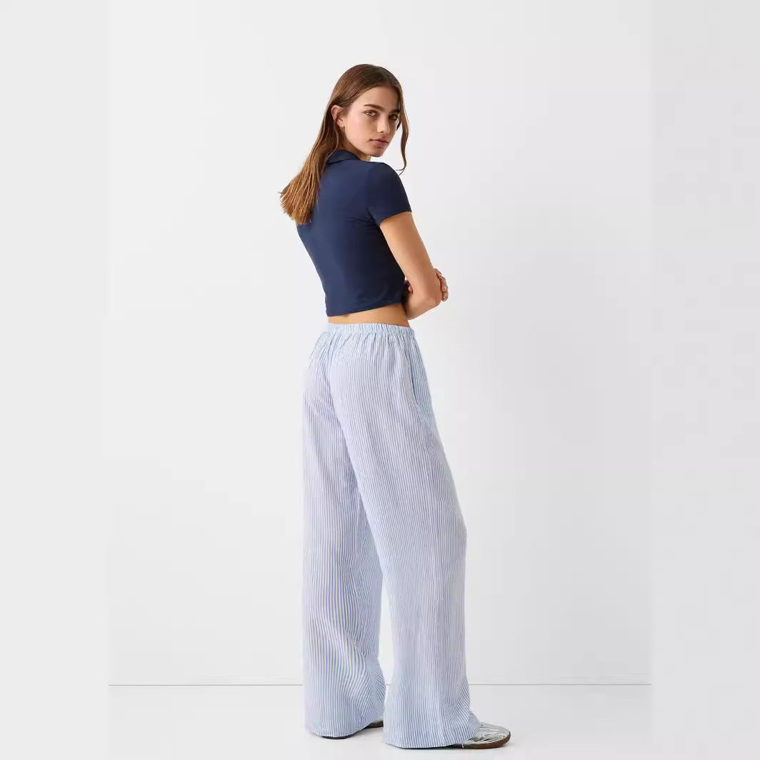 Sile – Striped Cotton Trousers – Relaxed Fit – Blue and White 4